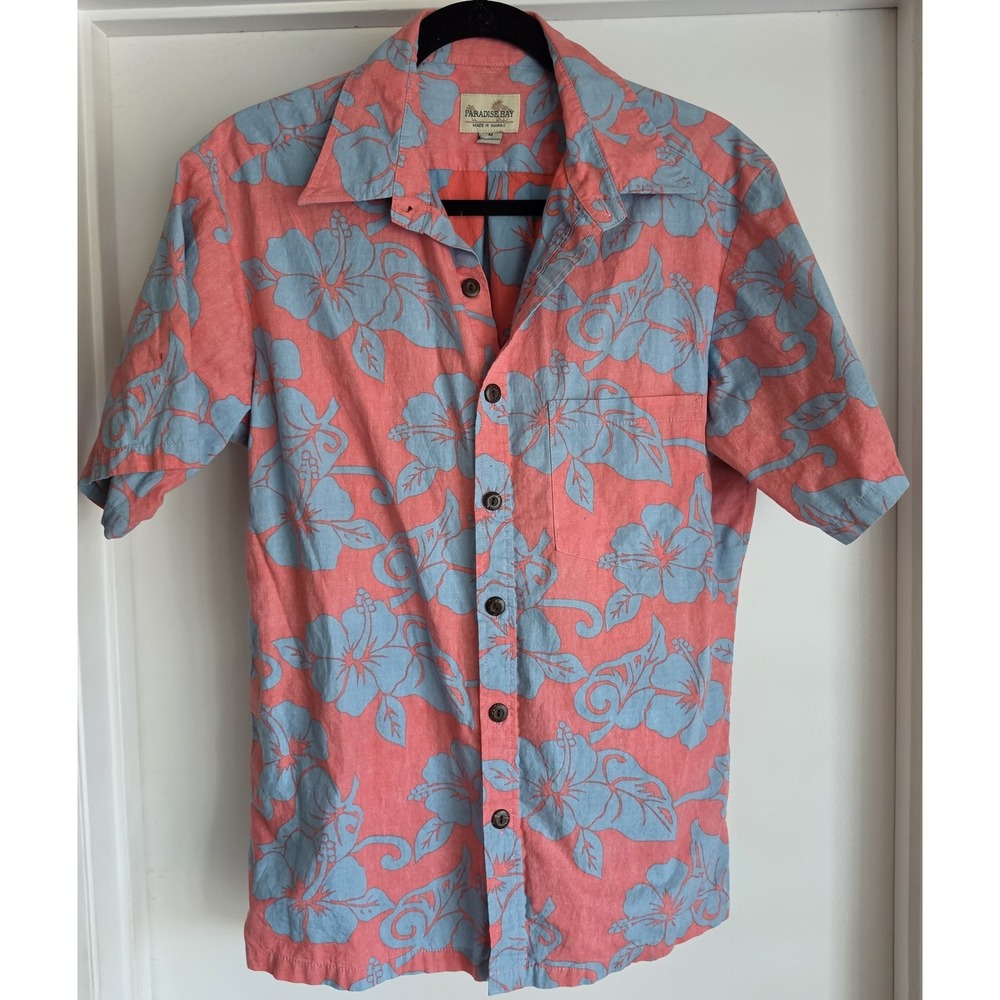 Paradise Bay Hawaiian Shirt Men M Floral Pink Blue Cotton Resort Aloha